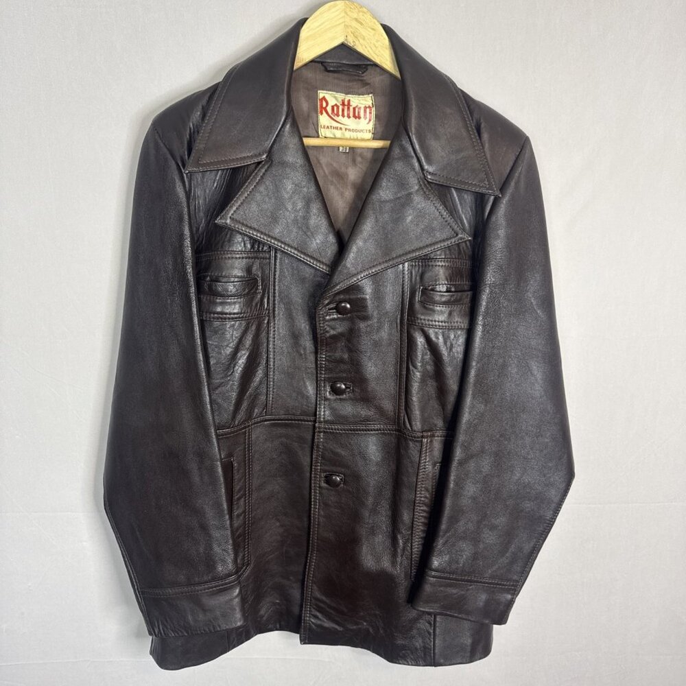 Vintage 1970s Rattan Brown Leather Car Coat Jacket Men 38  Disco Groovy